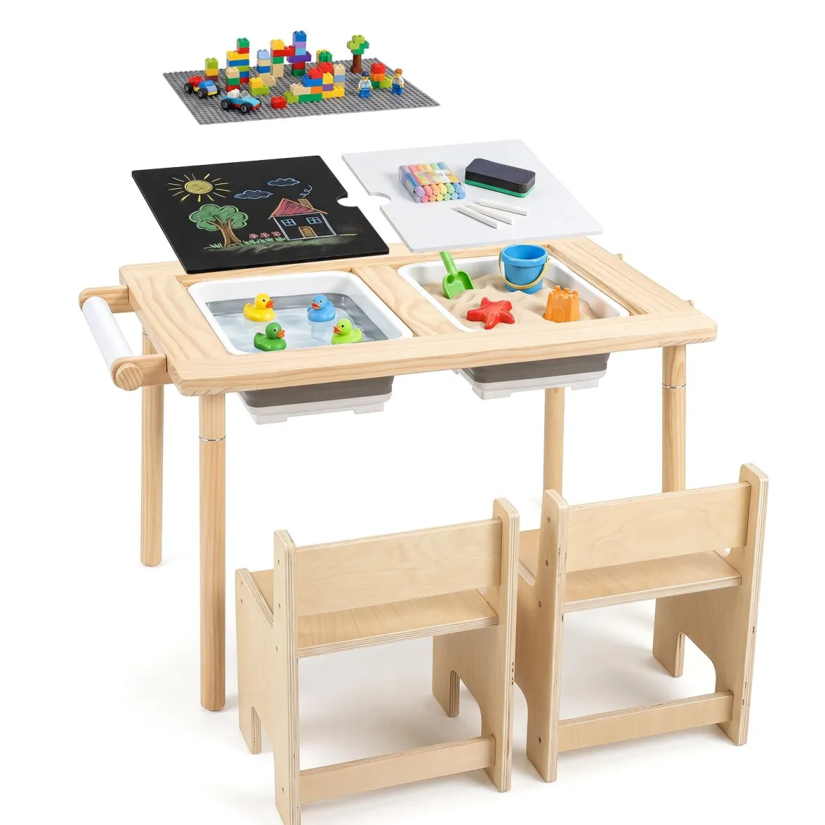 Kindersitzgruppe aus Holz Kindertisch und Stuhl Set aus Höhenverstellbarem Kindertisch und 2 Stühlen
