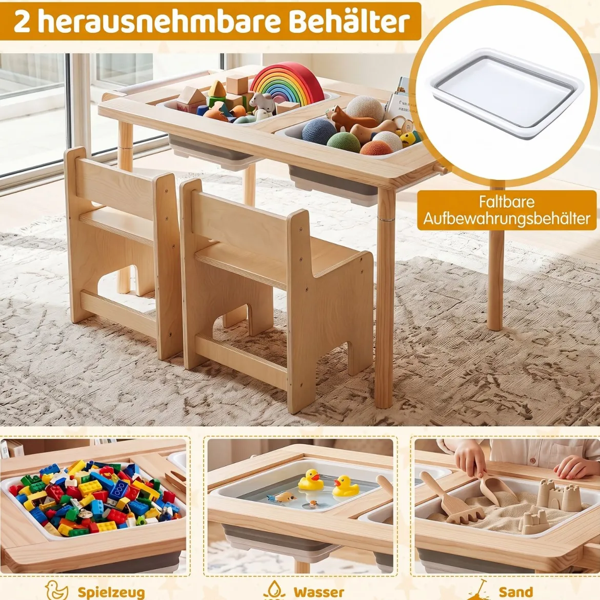 Kindersitzgruppe aus Holz Kindertisch und Stuhl Set aus Höhenverstellbarem Kindertisch und 2 Stühlen