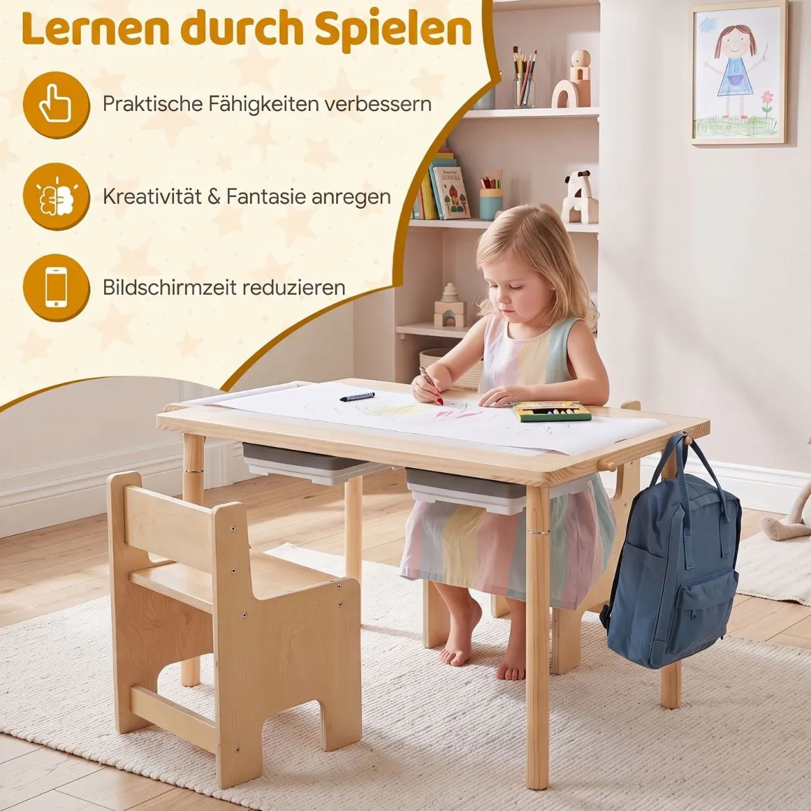 Kindersitzgruppe aus Holz Kindertisch und Stuhl Set aus Höhenverstellbarem Kindertisch und 2 Stühlen
