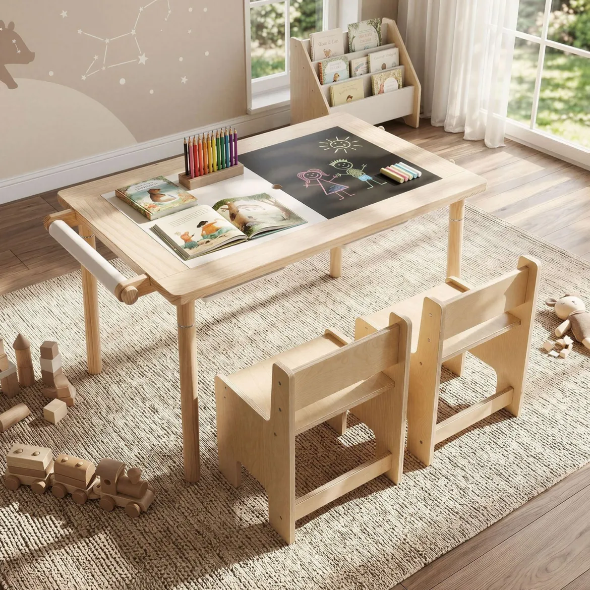 Kindersitzgruppe aus Holz Kindertisch und Stuhl Set aus Höhenverstellbarem Kindertisch und 2 Stühlen