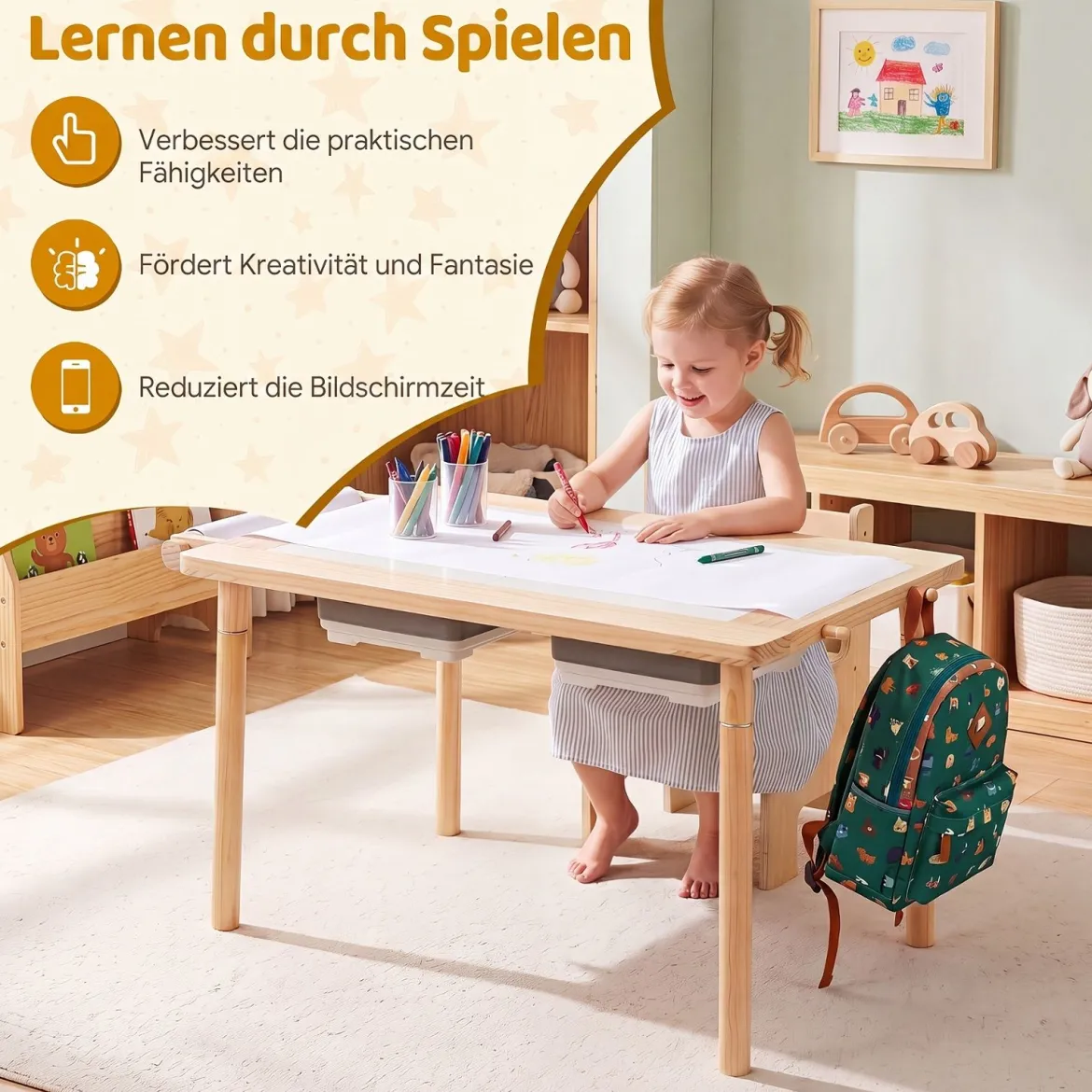 Kindersitzgruppe aus Holz Kindertisch und Stuhl Set aus Höhenverstellbarem Kindertisch und 1 Stuhl