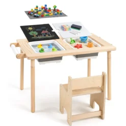 Kindersitzgruppe aus Holz Kindertisch und Stuhl Set aus Höhenverstellbarem Kindertisch und 1 Stuhl