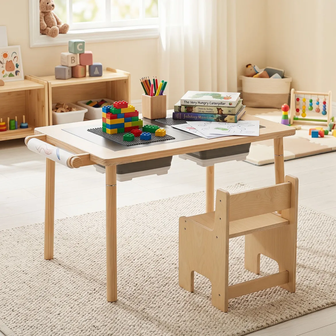 Kindersitzgruppe aus Holz Kindertisch und Stuhl Set aus Höhenverstellbarem Kindertisch und 1 Stuhl