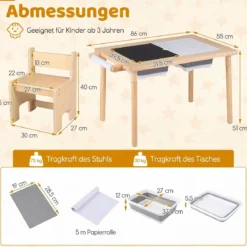 Kindersitzgruppe aus Holz Kindertisch und Stuhl Set aus Höhenverstellbarem Kindertisch und 1 Stuhl