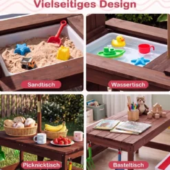 Kindersitzgruppe aus Holz mit Sonnenschirm Kinder Picknicktisch mit 2 Bänke Abnehmbarem Sitzkissen
