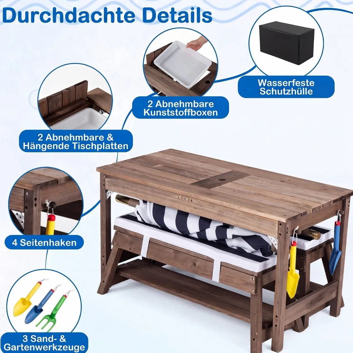 Kindersitzgruppe aus Holz mit Sonnenschirm Kinder Picknicktisch mit 2 Bänke Abnehmbarem Sitzkissen