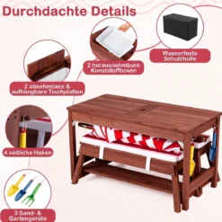 Kindersitzgruppe aus Holz mit Sonnenschirm Kinder Picknicktisch mit 2 Bänke Abnehmbarem Sitzkissen
