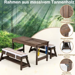 Kindersitzgruppe aus Holz mit Sonnenschirm Kinder Picknicktisch mit 2 Bänke Abnehmbarem Sitzkissen
