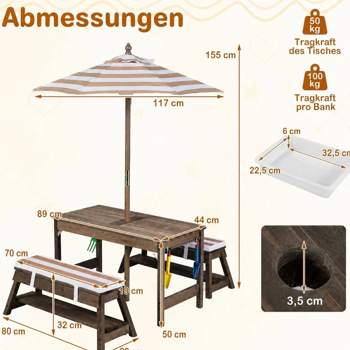 Kindersitzgruppe aus Holz mit Sonnenschirm Kinder Picknicktisch mit 2 Bänke Abnehmbarem Sitzkissen