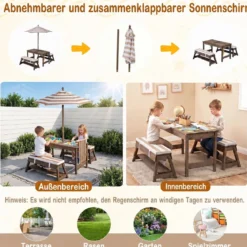 Kindersitzgruppe aus Holz mit Sonnenschirm Kinder Picknicktisch mit 2 Bänke Abnehmbarem Sitzkissen