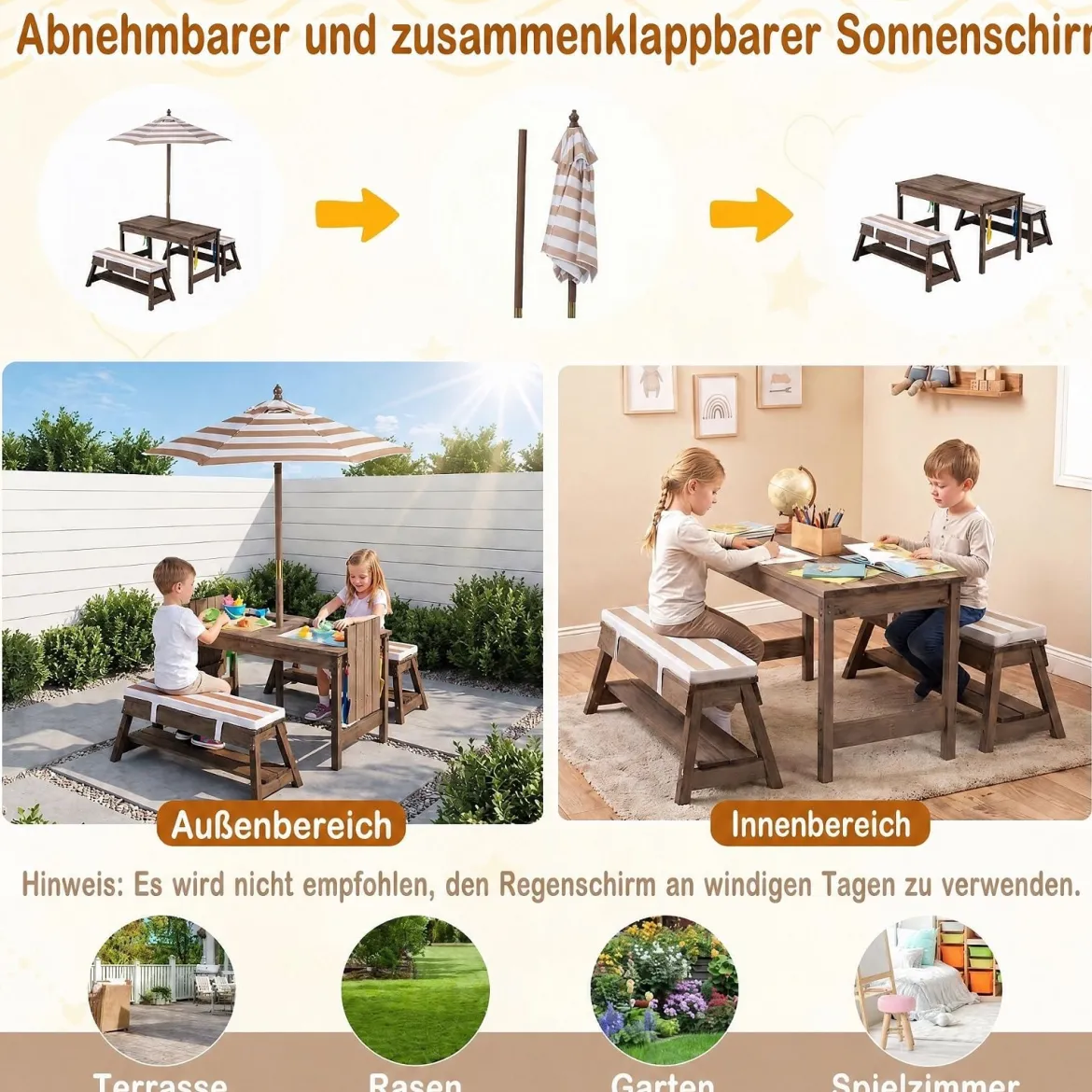 Kindersitzgruppe aus Holz mit Sonnenschirm Kinder Picknicktisch mit 2 Bänke Abnehmbarem Sitzkissen