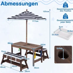 Kindersitzgruppe aus Holz mit Sonnenschirm Kinder Picknicktisch mit 2 Bänke Abnehmbarem Sitzkissen