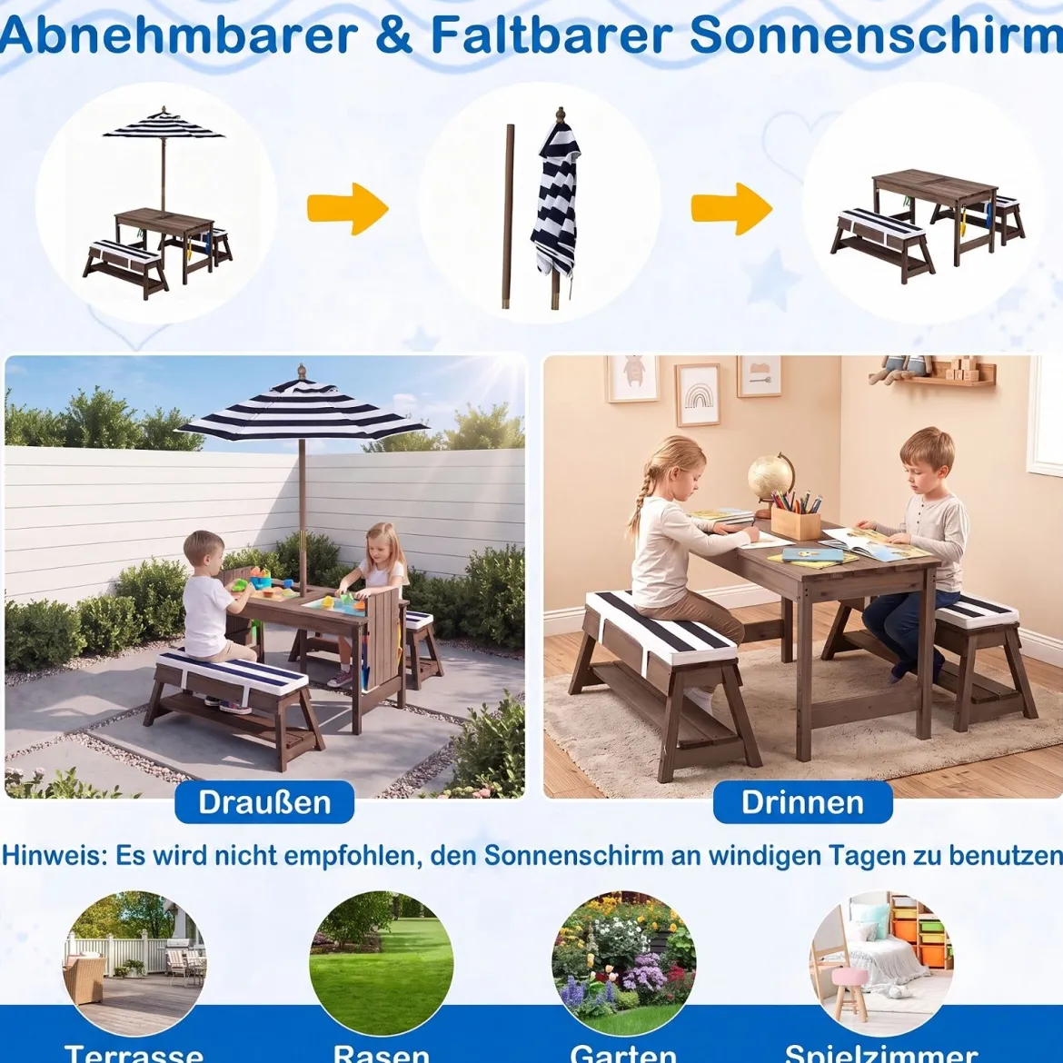Kindersitzgruppe aus Holz mit Sonnenschirm Kinder Picknicktisch mit 2 Bänke Abnehmbarem Sitzkissen