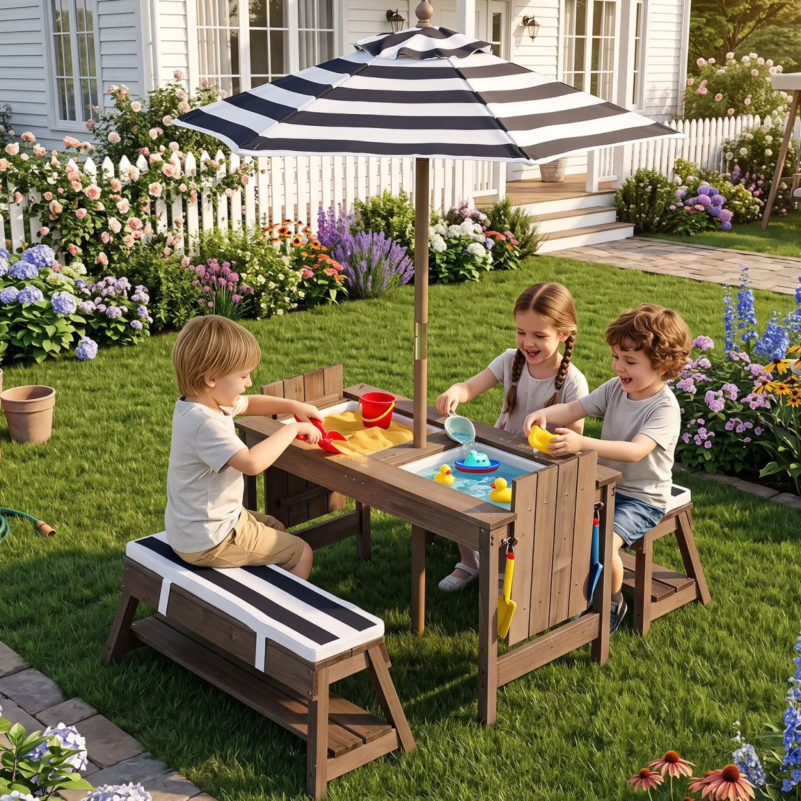 Kindersitzgruppe aus Holz mit Sonnenschirm Kinder Picknicktisch mit 2 Bänke Abnehmbarem Sitzkissen