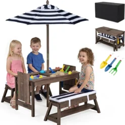 Kindersitzgruppe aus Holz mit Sonnenschirm Kinder Picknicktisch mit 2 Bänke Abnehmbarem Sitzkissen