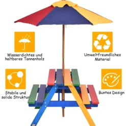 Kinder Sitzgruppe aus Holz Sitzgarnitur Gartengarnitur Kindermöbel Kindertisch mit Sonnenschirm & 2 Bänken für Außen