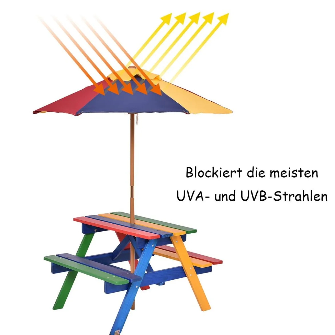 Kinder Sitzgruppe aus Holz Sitzgarnitur Gartengarnitur Kindermöbel Kindertisch mit Sonnenschirm & 2 Bänken für Außen