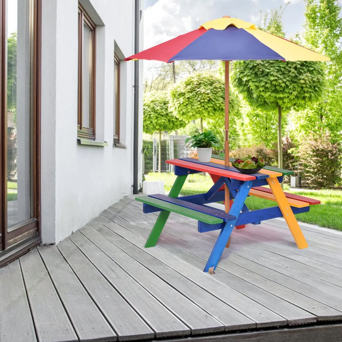 Kinder Sitzgruppe aus Holz Sitzgarnitur Gartengarnitur Kindermöbel Kindertisch mit Sonnenschirm & 2 Bänken für Außen