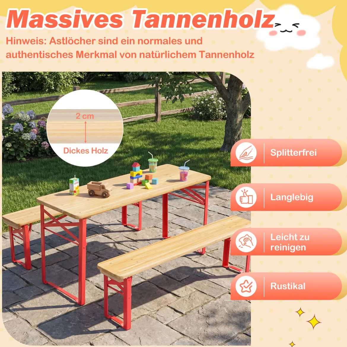 Kindersitzgruppe Faltbare Sitzgruppe mit Picknicktisch & 2 Kinderbänken Kindertisch & Sitzbank