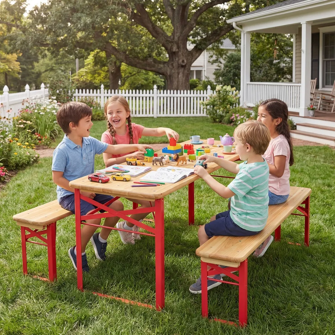 Kindersitzgruppe Faltbare Sitzgruppe mit Picknicktisch & 2 Kinderbänken Kindertisch & Sitzbank