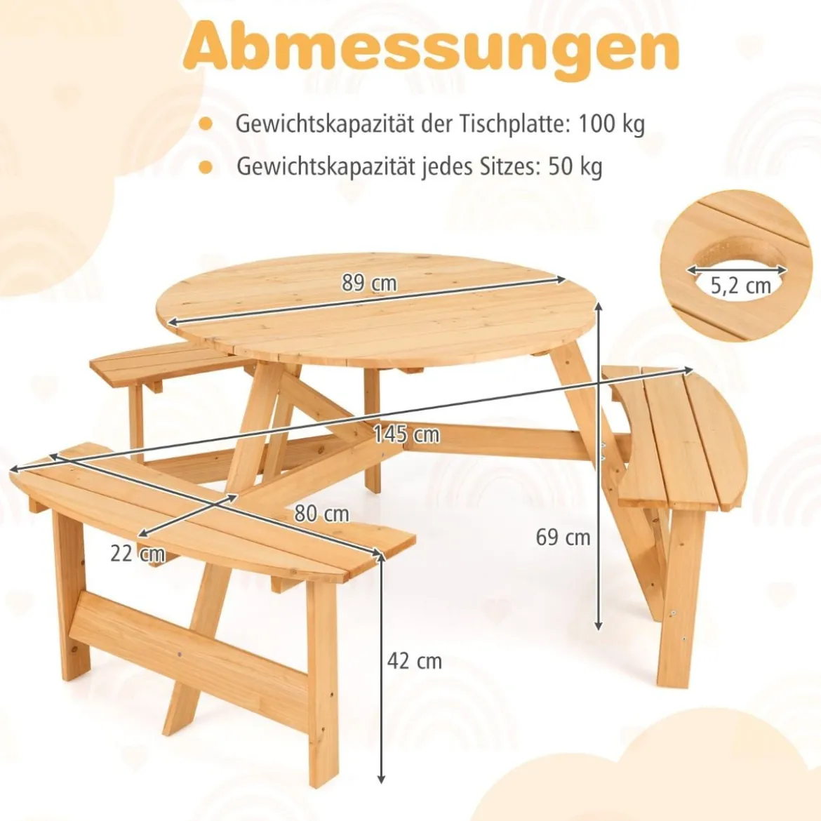 Kindersitzgruppe Kinder Picknicktisch mit Bänke & Schirmloch Kindersitzgarnitur aus Holz Natur