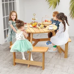 Kindersitzgruppe Kinder Picknicktisch mit Bänke & Schirmloch Kindersitzgarnitur aus Holz Natur