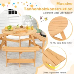Kindersitzgruppe Kinder Picknicktisch mit Bänke & Schirmloch Kindersitzgarnitur aus Holz Natur