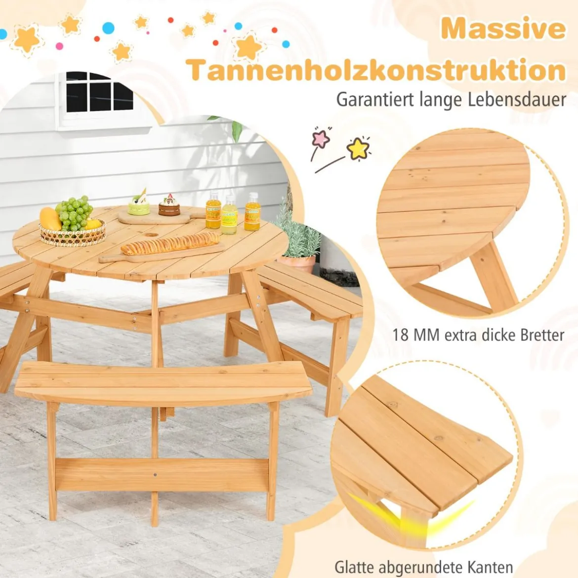 Kindersitzgruppe Kinder Picknicktisch mit Bänke & Schirmloch Kindersitzgarnitur aus Holz Natur