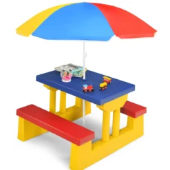 Kinder Sitzgruppe Kindertisch Picknickbank mit Sonnenschirm