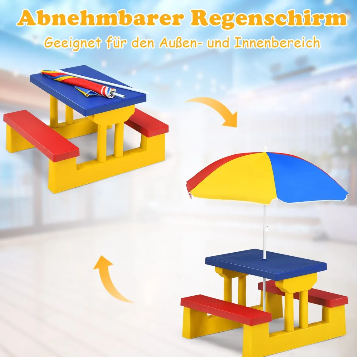 Kinder Sitzgruppe Kindertisch Picknickbank mit Sonnenschirm