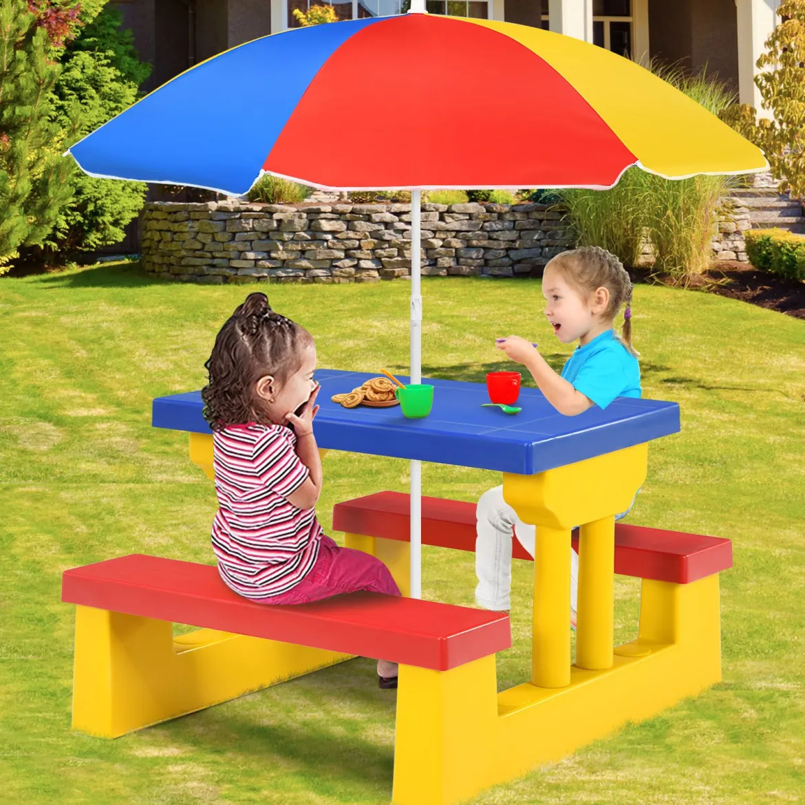 Kinder Sitzgruppe Kindertisch Picknickbank mit Sonnenschirm