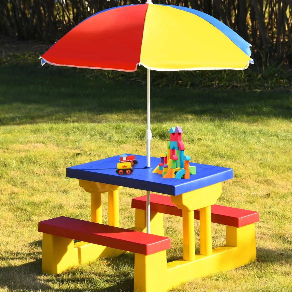 Kinder Sitzgruppe Kindertisch Picknickbank mit Sonnenschirm