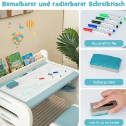 Kinder Sitzgruppe mit Höhen- & Neigungsverstellbarer Tischplatte Zeichentisch Blau
