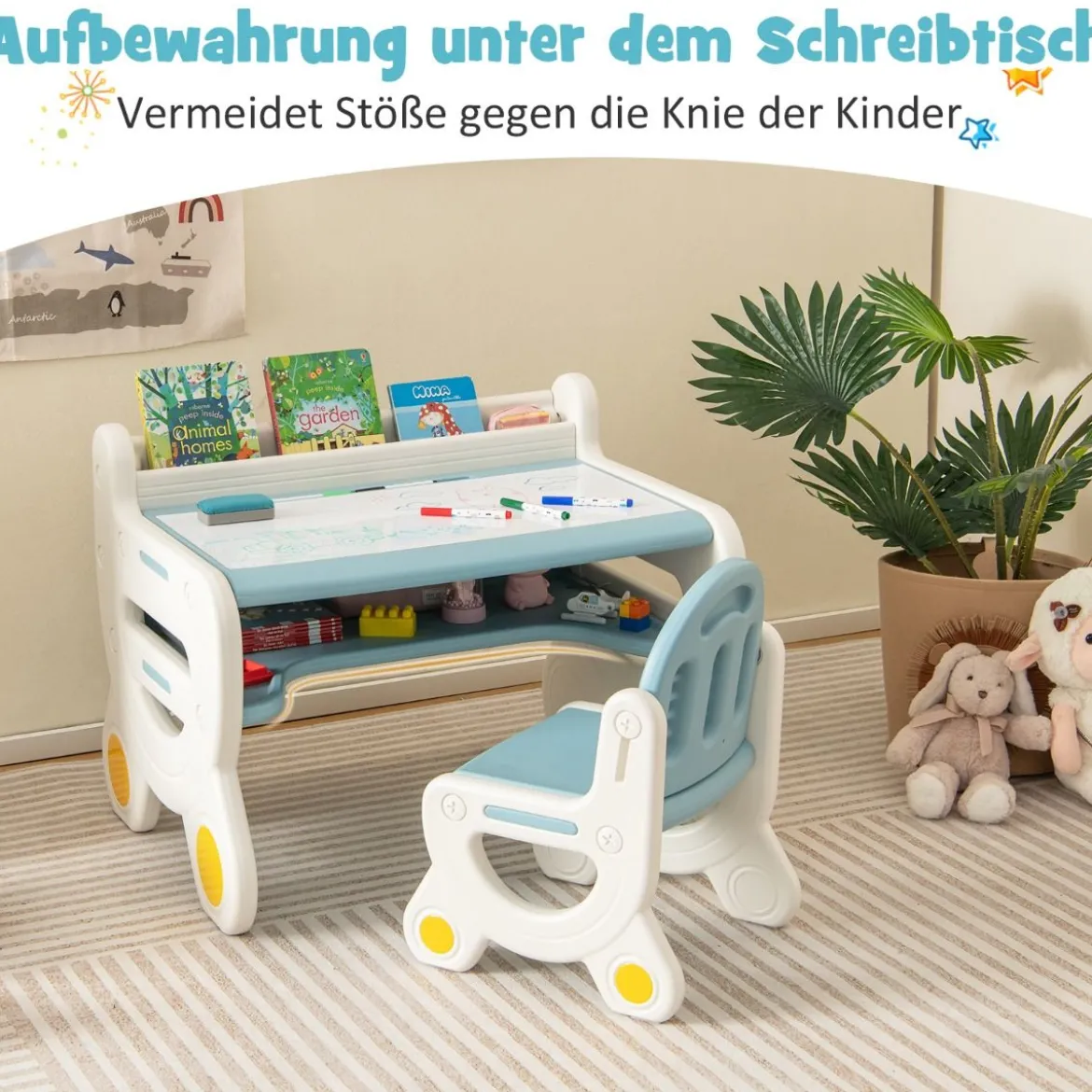 Kinder Sitzgruppe mit Höhen- & Neigungsverstellbarer Tischplatte Zeichentisch Blau