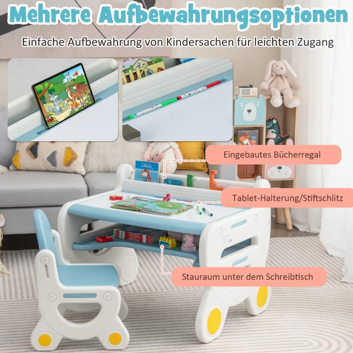 Kinder Sitzgruppe mit Höhen- & Neigungsverstellbarer Tischplatte Zeichentisch Blau