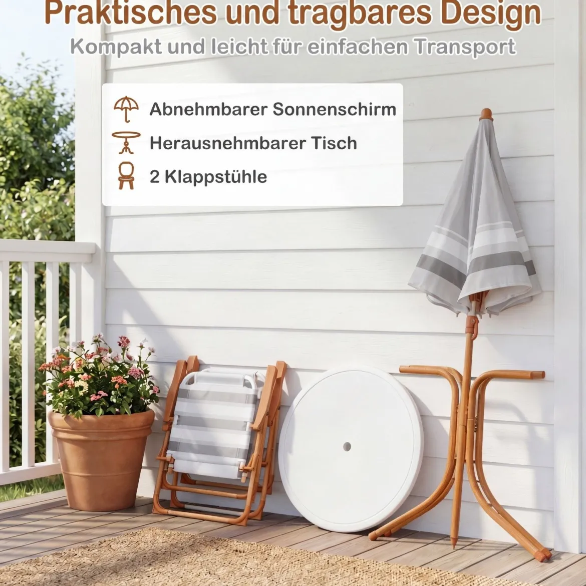 Kindersitzgruppe mit Höhenverstellbarem Sonnenschirm 4 TLG. Kindersitzgarnitur mit Tisch & 2 Klappstühlen