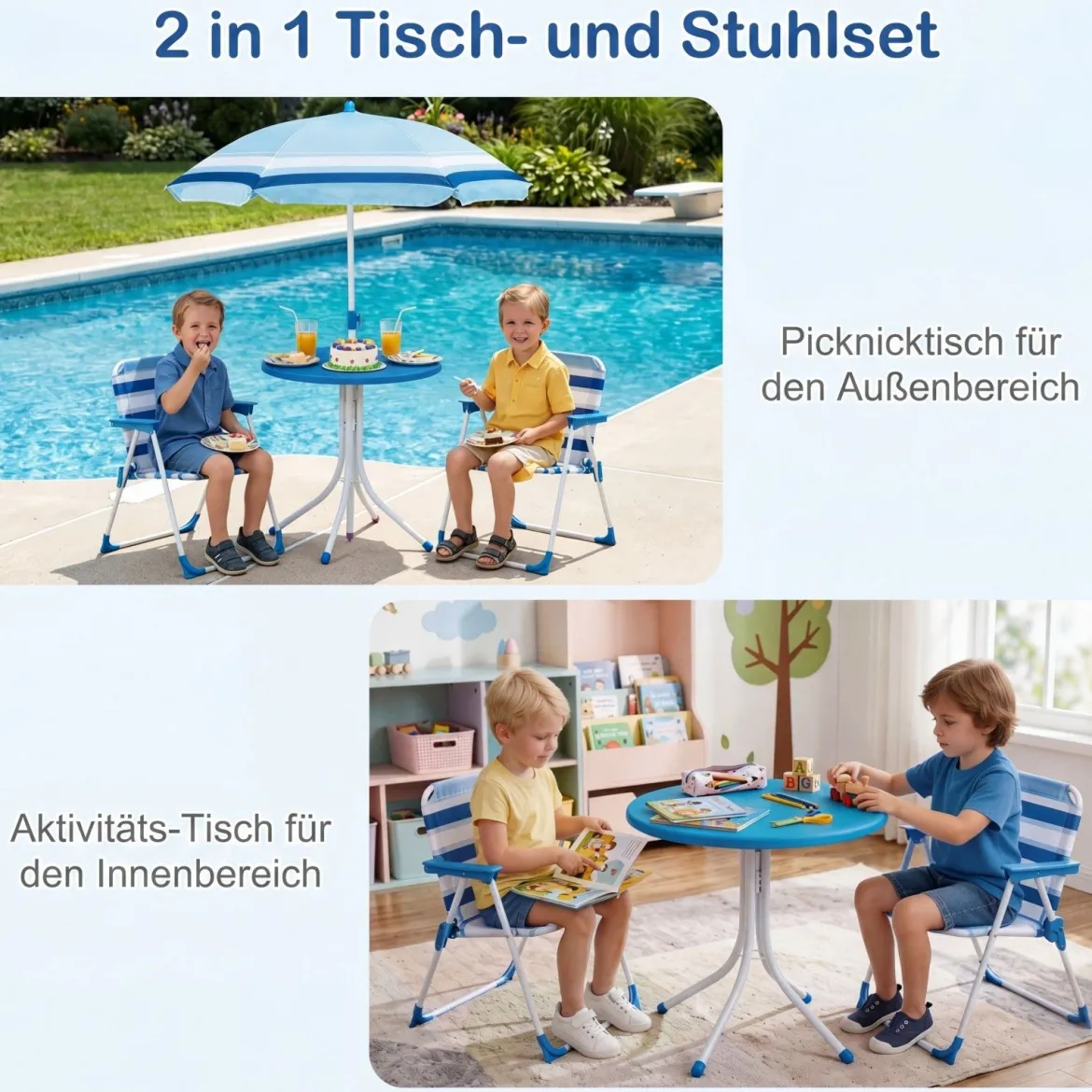 Kindersitzgruppe mit Höhenverstellbarem Sonnenschirm 4 TLG. Kindersitzgarnitur mit Tisch & 2 Klappstühlen