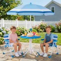 Kindersitzgruppe mit Höhenverstellbarem Sonnenschirm 4 TLG. Kindersitzgarnitur mit Tisch & 2 Klappstühlen