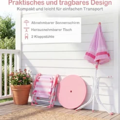 Kindersitzgruppe mit Höhenverstellbarem Sonnenschirm 4 TLG. Kindersitzgarnitur mit Tisch & 2 Klappstühlen