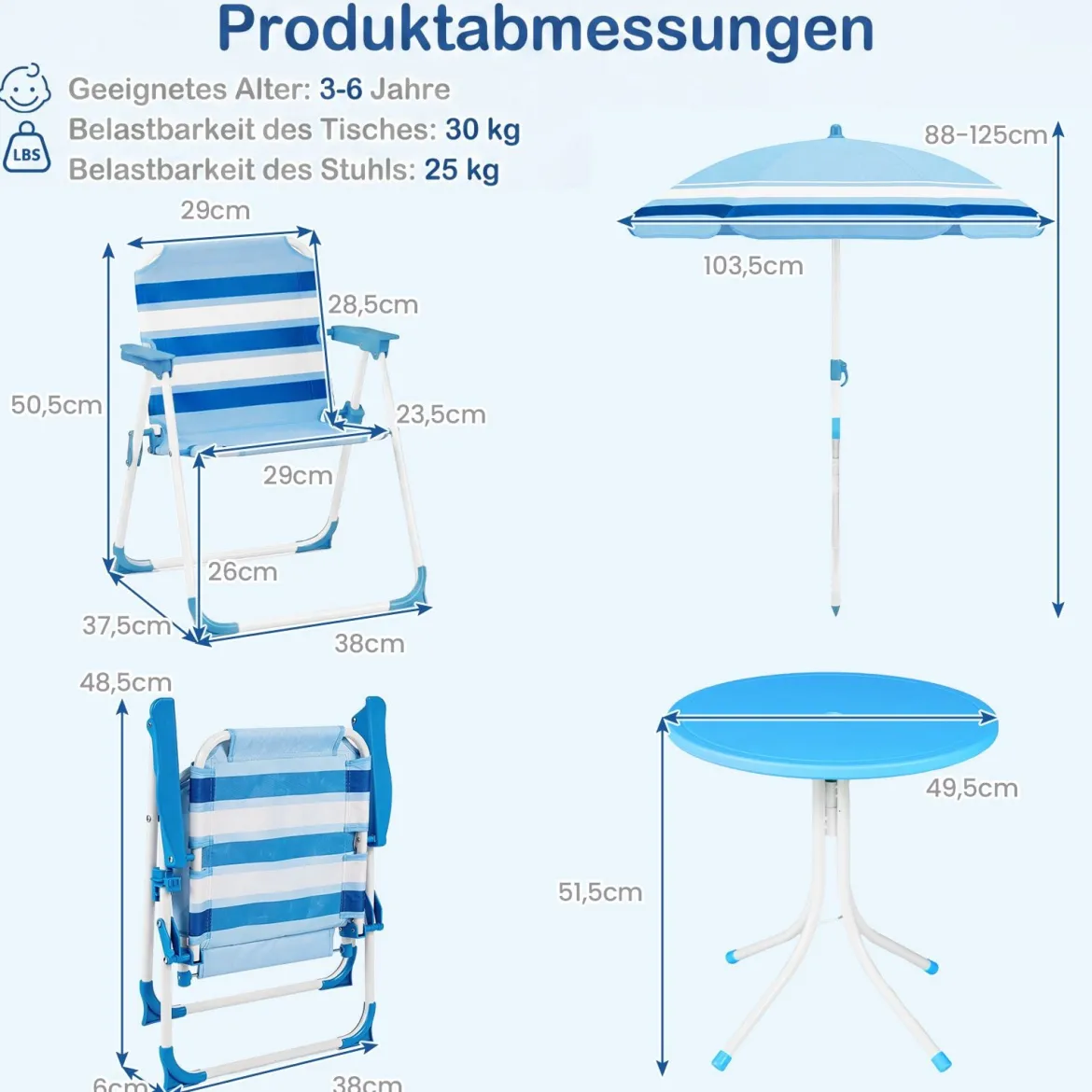 Kindersitzgruppe mit Höhenverstellbarem Sonnenschirm 4 TLG. Kindersitzgarnitur mit Tisch & 2 Klappstühlen