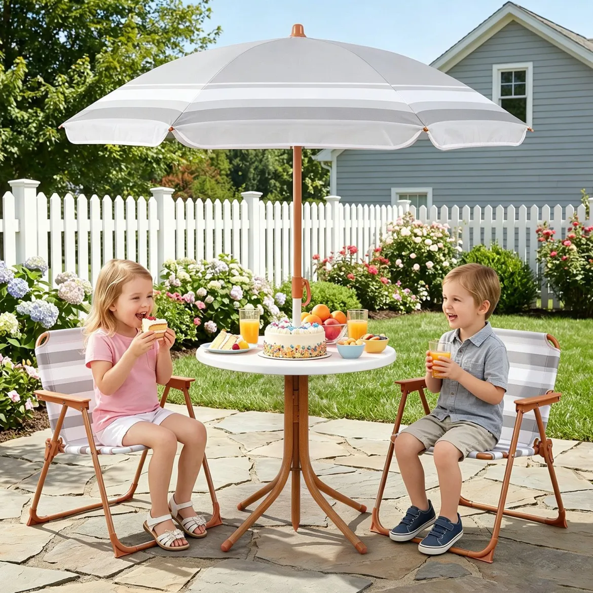 Kindersitzgruppe mit Höhenverstellbarem Sonnenschirm 4 TLG. Kindersitzgarnitur mit Tisch & 2 Klappstühlen