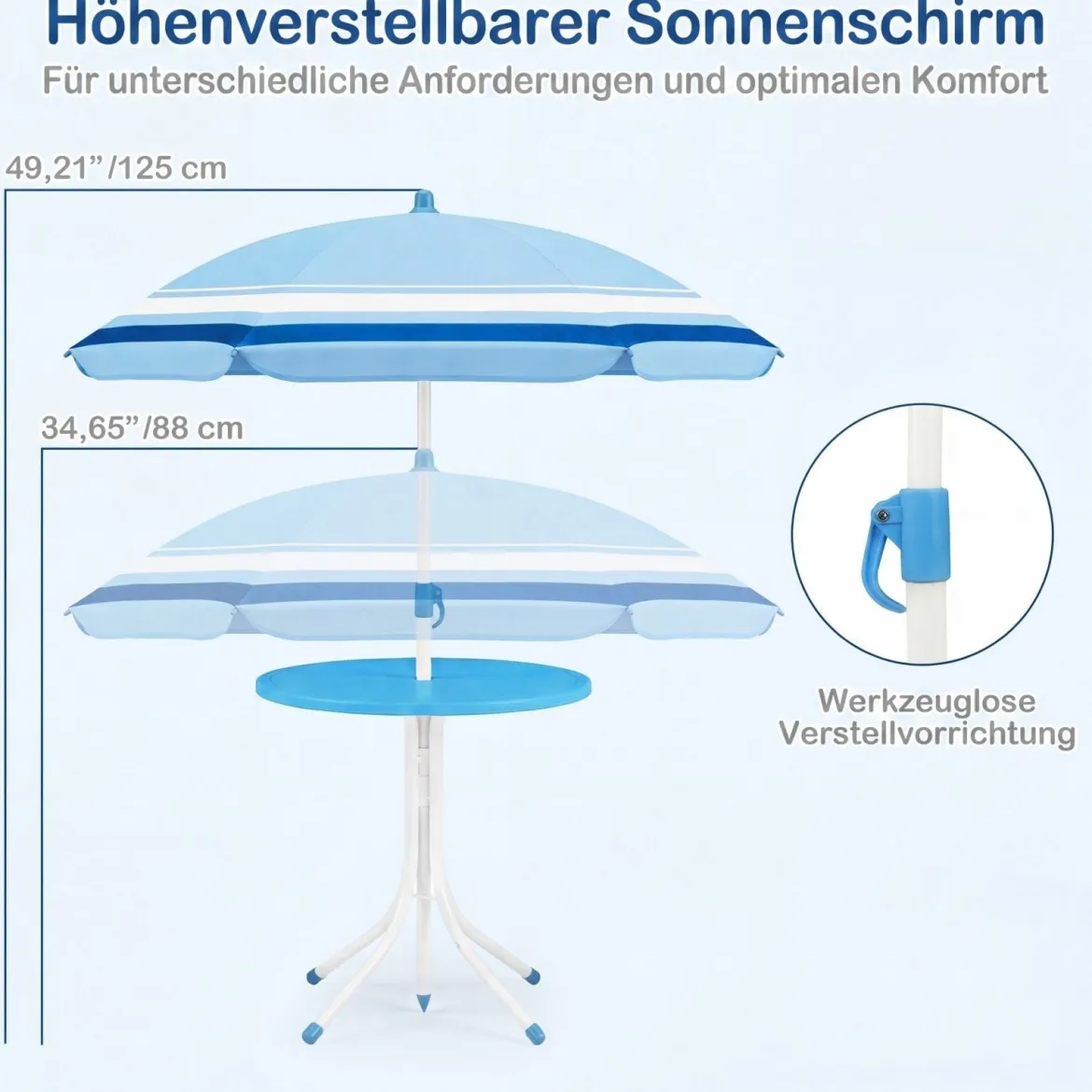 Kindersitzgruppe mit Höhenverstellbarem Sonnenschirm 4 TLG. Kindersitzgarnitur mit Tisch & 2 Klappstühlen