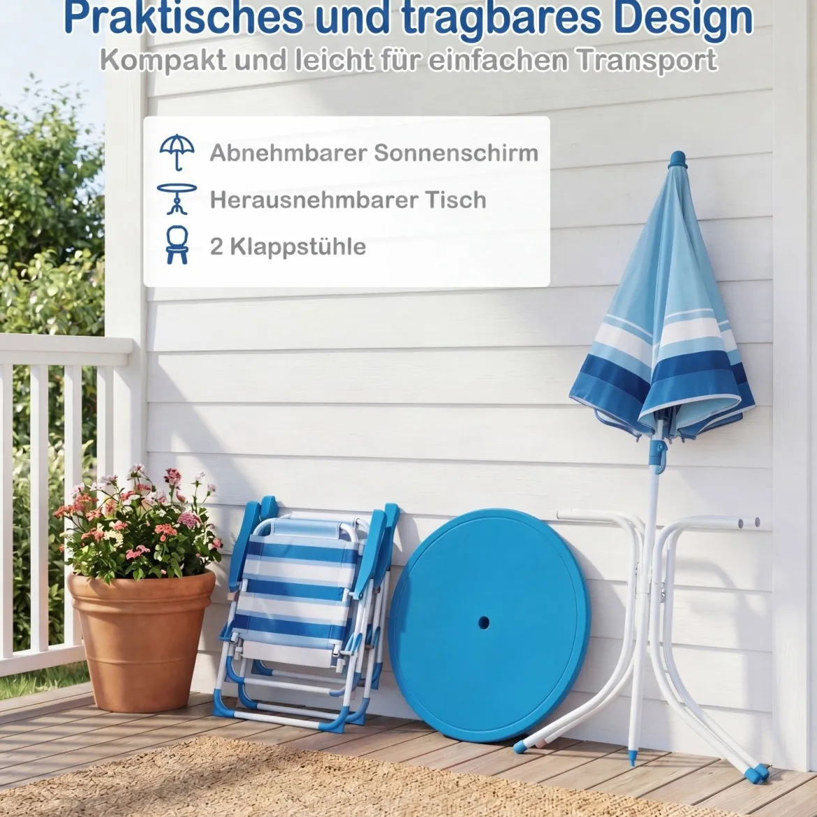 Kindersitzgruppe mit Höhenverstellbarem Sonnenschirm 4 TLG. Kindersitzgarnitur mit Tisch & 2 Klappstühlen
