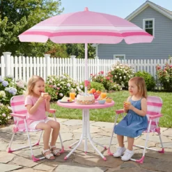 Kindersitzgruppe mit Höhenverstellbarem Sonnenschirm 4 TLG. Kindersitzgarnitur mit Tisch & 2 Klappstühlen