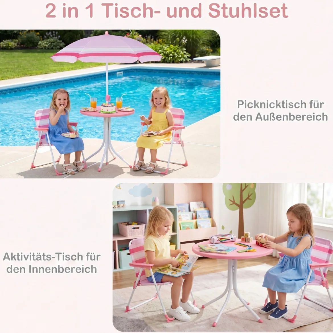 Kindersitzgruppe mit Höhenverstellbarem Sonnenschirm 4 TLG. Kindersitzgarnitur mit Tisch & 2 Klappstühlen