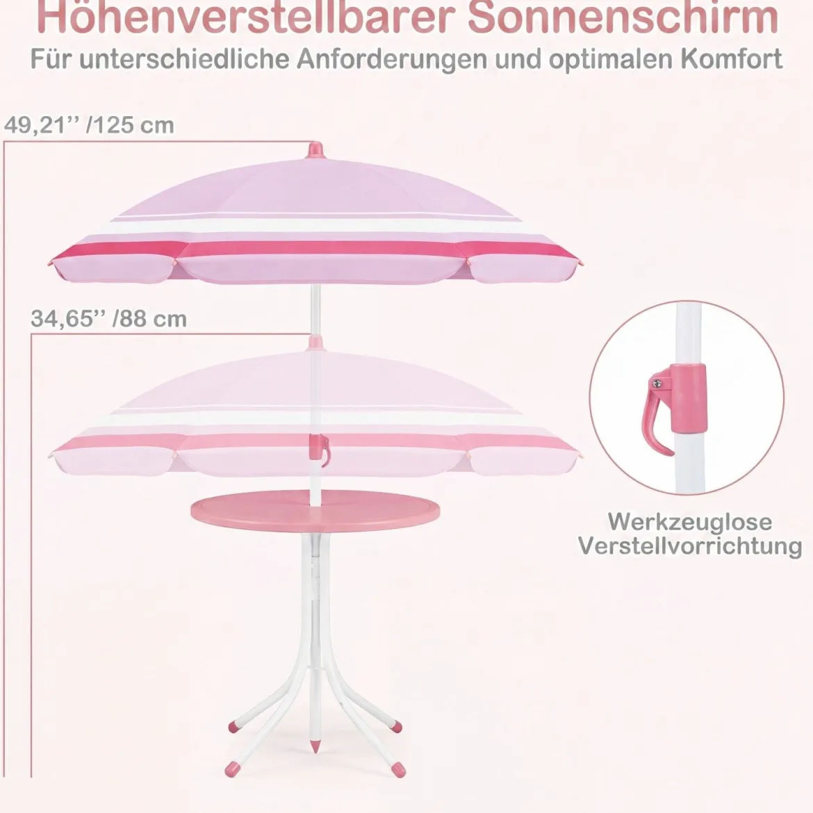 Kindersitzgruppe mit Höhenverstellbarem Sonnenschirm 4 TLG. Kindersitzgarnitur mit Tisch & 2 Klappstühlen