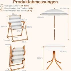 Kindersitzgruppe mit Höhenverstellbarem Sonnenschirm 4 TLG. Kindersitzgarnitur mit Tisch & 2 Klappstühlen