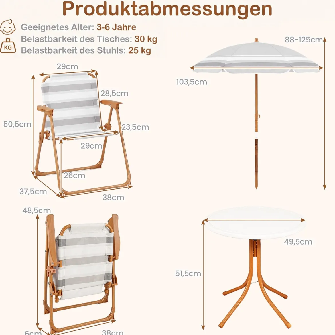 Kindersitzgruppe mit Höhenverstellbarem Sonnenschirm 4 TLG. Kindersitzgarnitur mit Tisch & 2 Klappstühlen