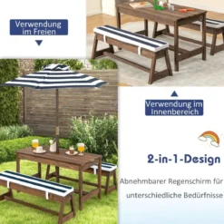 Kindersitzgruppe mit Sonnenschirm & Sitzbänken & Kissen Picknicktisch Kindersitzgarnitur aus Holz