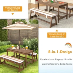 Kindersitzgruppe mit Sonnenschirm & Sitzbänken & Kissen Picknicktisch Kindersitzgarnitur aus Holz